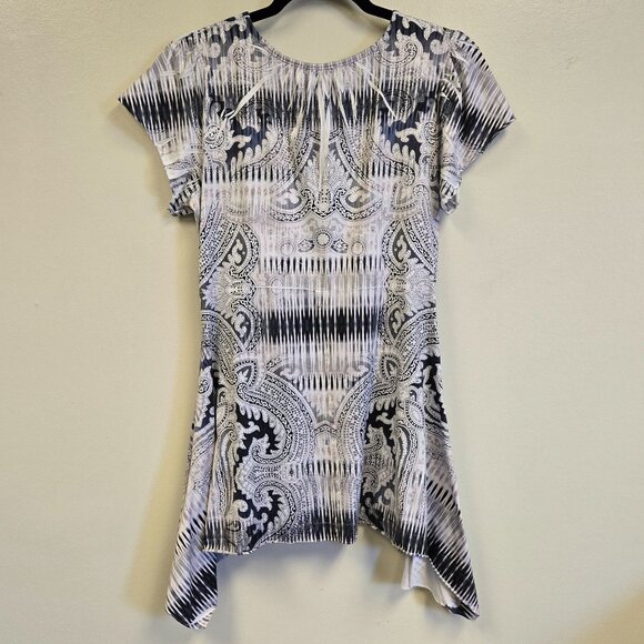 World Unity Y2K Women's Flowy Boho Tunic Top Beaded Neckline Waterfall Hem Blous - Picture 2 of 11